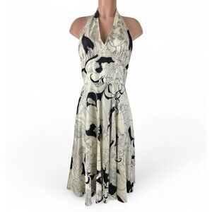 Vintage Y2K Silk Midi Dress Size 12 Black Cream Floral Halter Babydoll Fairy